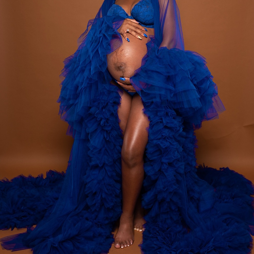 Long Royal Blue Maternity Robe for Photoshoots